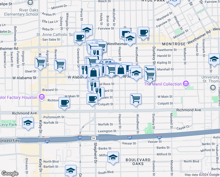 map of restaurants, bars, coffee shops, grocery stores, and more near 2017 Sul Ross Street in Houston