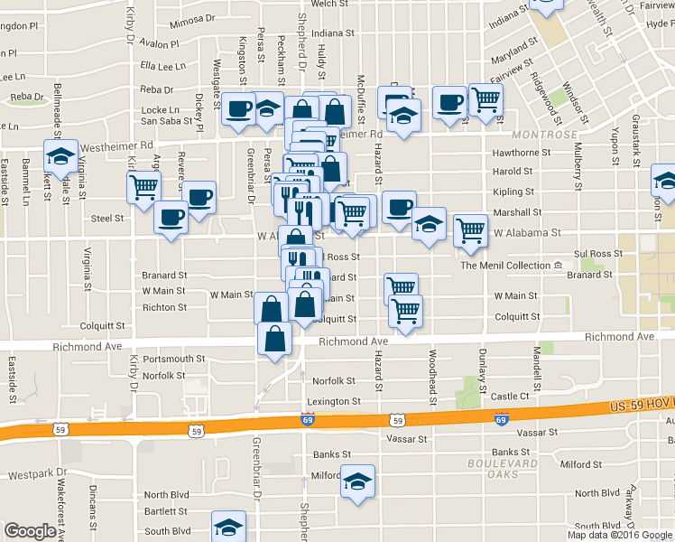 map of restaurants, bars, coffee shops, grocery stores, and more near 2021 Sul Ross Street in Houston