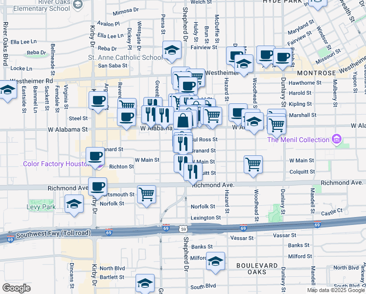 map of restaurants, bars, coffee shops, grocery stores, and more near 2059 Sul Ross Street in Houston