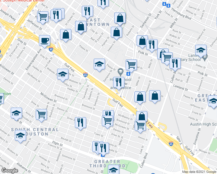 map of restaurants, bars, coffee shops, grocery stores, and more near Gulf Fwy in Houston