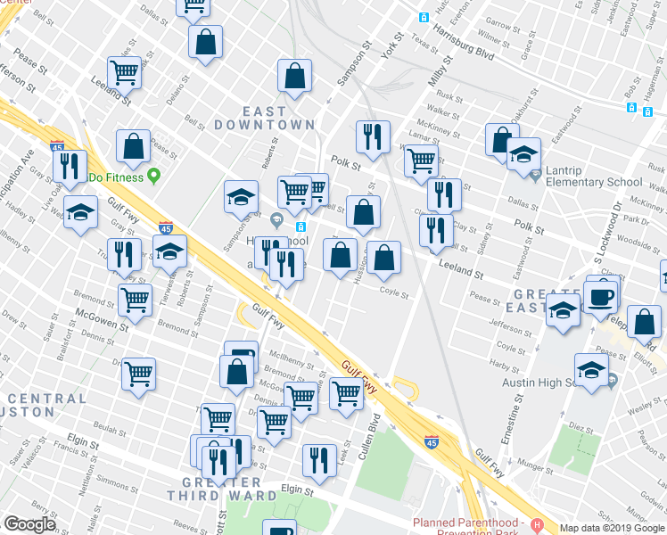 map of restaurants, bars, coffee shops, grocery stores, and more near 1613 Miller Street in Houston