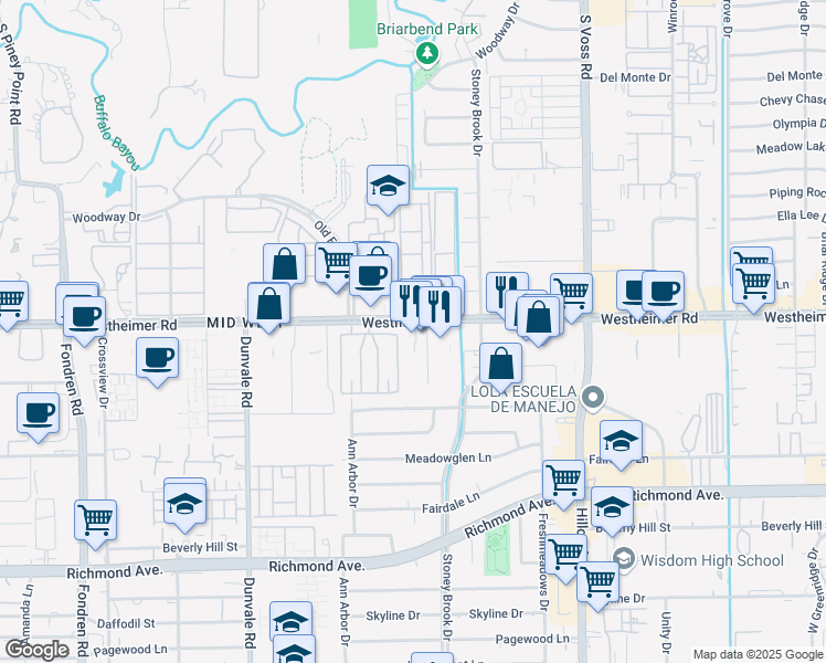 map of restaurants, bars, coffee shops, grocery stores, and more near 7937 Westheimer Road in Houston