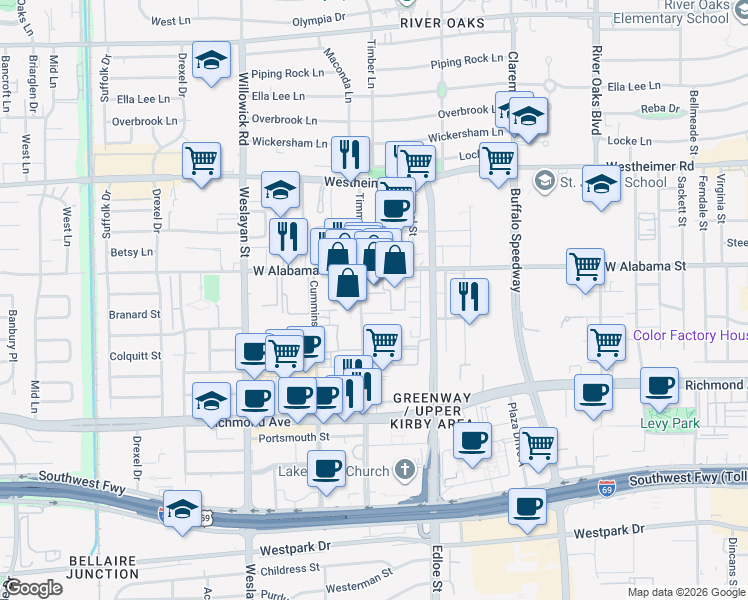 map of restaurants, bars, coffee shops, grocery stores, and more near 3131 Timmons Lane in Houston