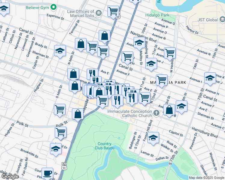map of restaurants, bars, coffee shops, grocery stores, and more near 6917 Avenue C in Houston