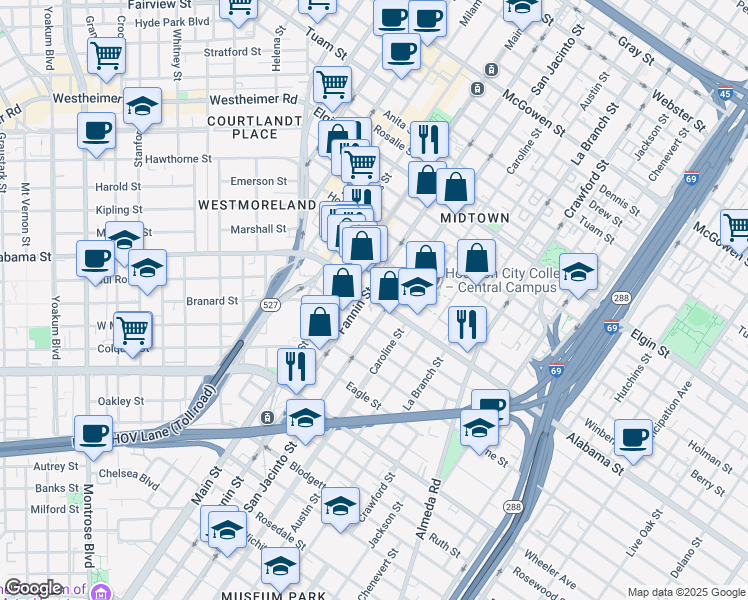 map of restaurants, bars, coffee shops, grocery stores, and more near 1104 Alabama Street in Houston
