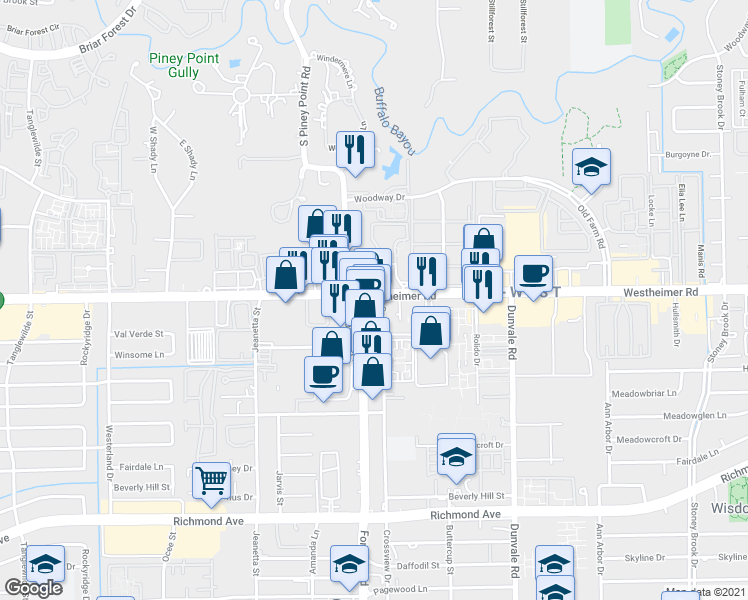 map of restaurants, bars, coffee shops, grocery stores, and more near 8811 Westheimer Road in Houston
