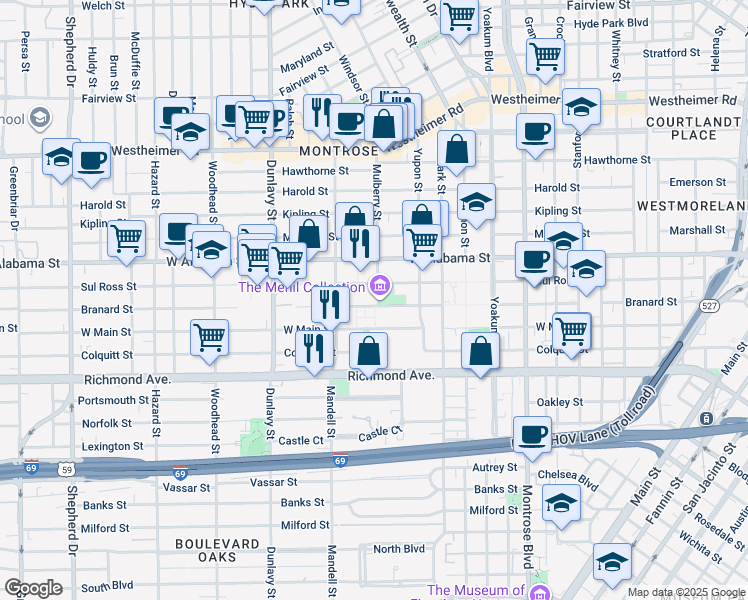 map of restaurants, bars, coffee shops, grocery stores, and more near 1533 Sul Ross Street in Houston