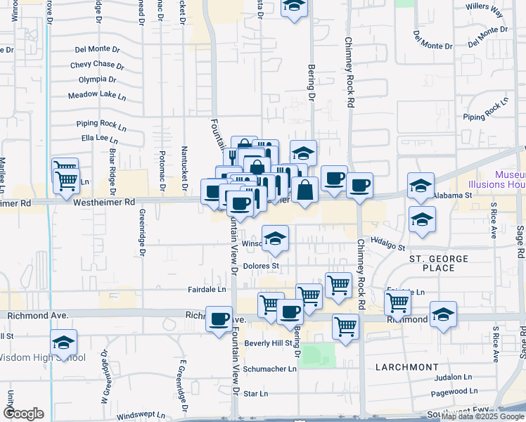 map of restaurants, bars, coffee shops, grocery stores, and more near 5851 Westheimer Road in Houston