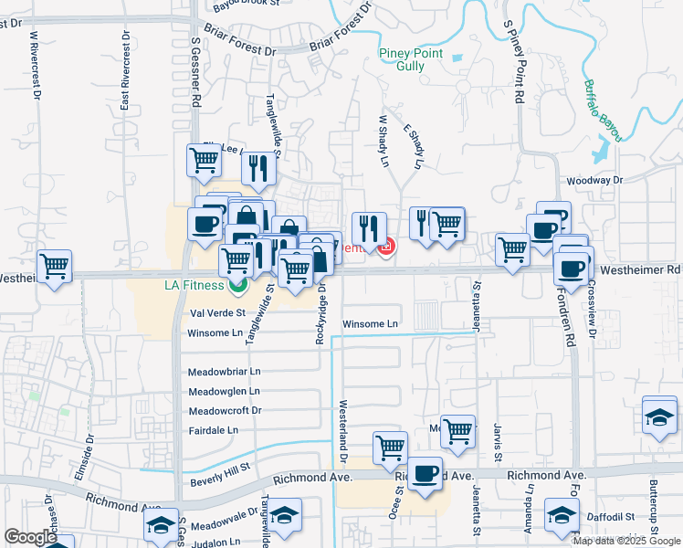 map of restaurants, bars, coffee shops, grocery stores, and more near 9501b Westheimer Road in Houston