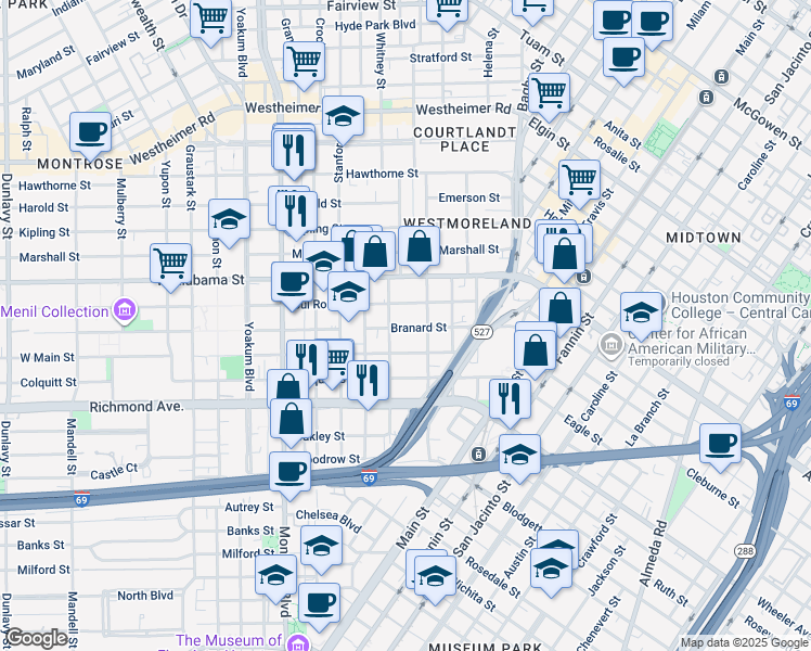 map of restaurants, bars, coffee shops, grocery stores, and more near 510 Branard Street in Houston