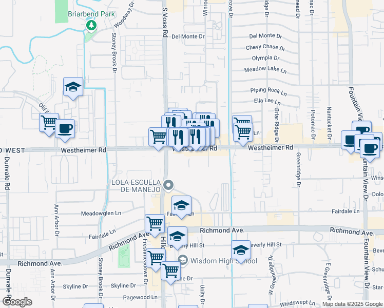 map of restaurants, bars, coffee shops, grocery stores, and more near 6427 Westheimer Road in Houston