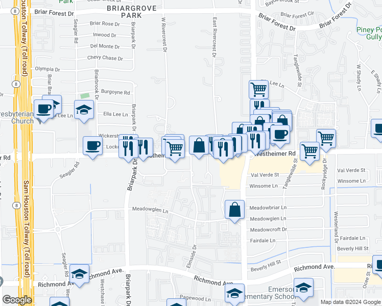 map of restaurants, bars, coffee shops, grocery stores, and more near Westheimer Rd & Elmside Dr in Houston