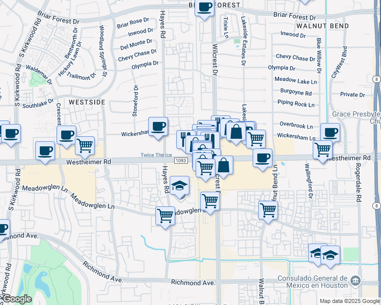 map of restaurants, bars, coffee shops, grocery stores, and more near 11200 Westheimer Road in Houston