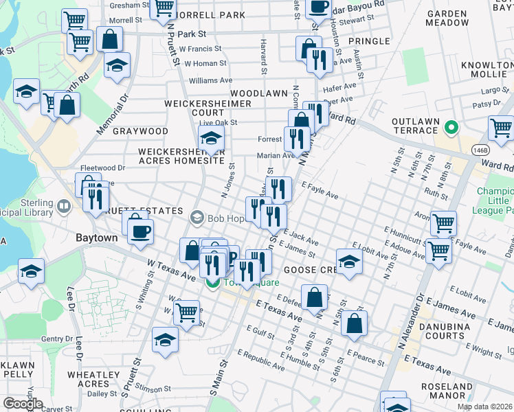 map of restaurants, bars, coffee shops, grocery stores, and more near 210 West Lobit Avenue in Baytown