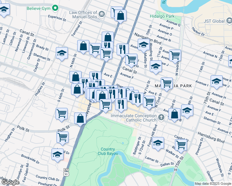 map of restaurants, bars, coffee shops, grocery stores, and more near 6917 Avenue C in Houston