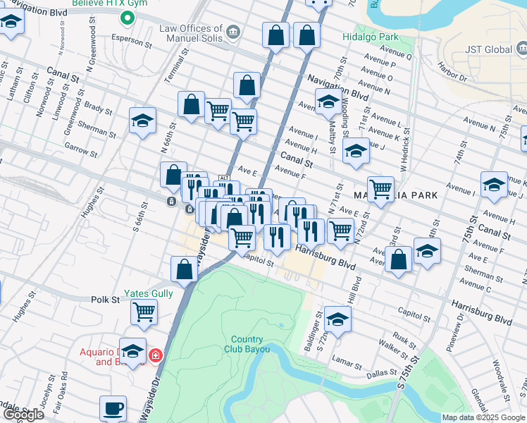 map of restaurants, bars, coffee shops, grocery stores, and more near 6917 Avenue C in Houston