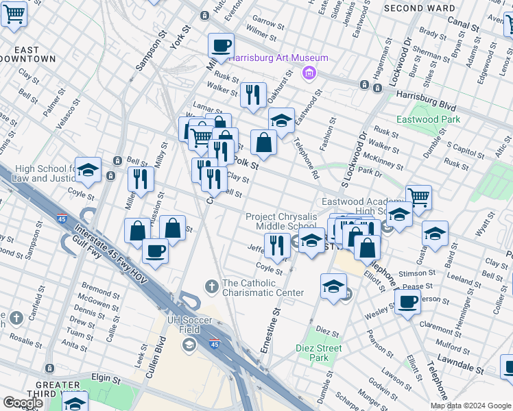 map of restaurants, bars, coffee shops, grocery stores, and more near 4310 Bell Street in Houston