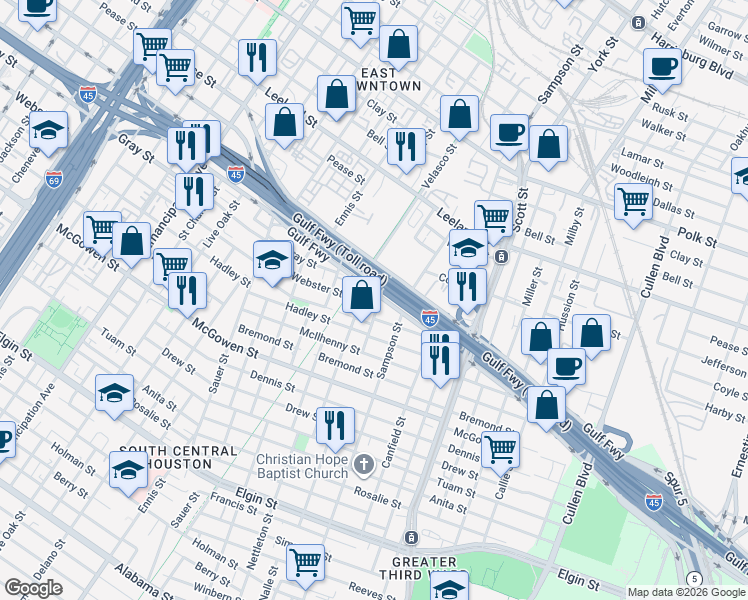 map of restaurants, bars, coffee shops, grocery stores, and more near 2113 Tierwester Street in Houston