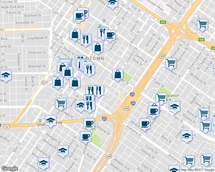 map of restaurants, bars, coffee shops, grocery stores, and more near 3318 Crawford Street in Houston