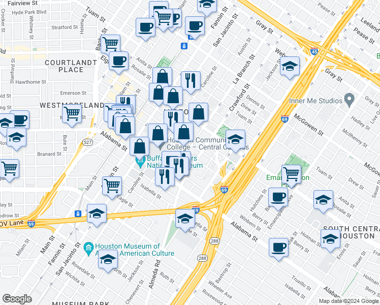 map of restaurants, bars, coffee shops, grocery stores, and more near 1413 Holman Street in Houston