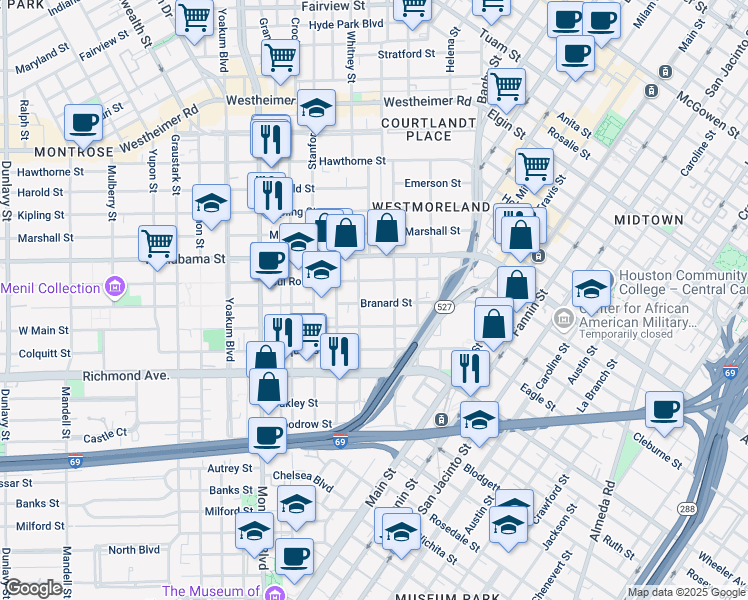 map of restaurants, bars, coffee shops, grocery stores, and more near 510 Branard Street in Houston