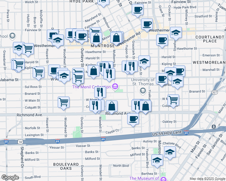 map of restaurants, bars, coffee shops, grocery stores, and more near 1417 Sul Ross Street in Houston