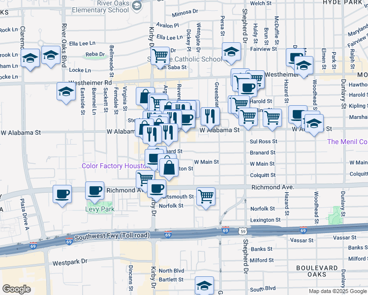 map of restaurants, bars, coffee shops, grocery stores, and more near 3206 Revere Street in Houston