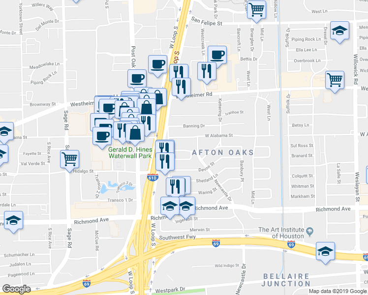 map of restaurants, bars, coffee shops, grocery stores, and more near 4727 West Alabama Street in Houston