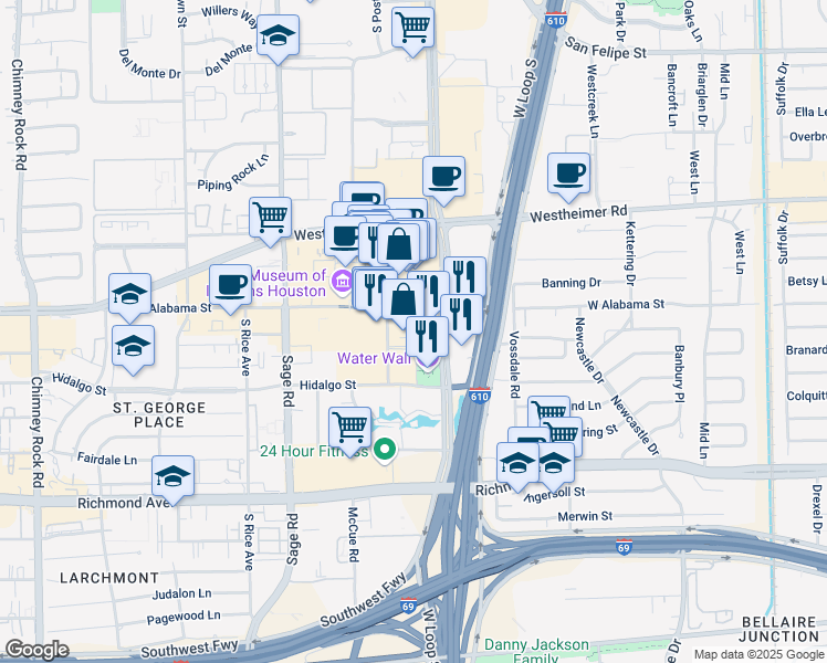 map of restaurants, bars, coffee shops, grocery stores, and more near 2801 Waterwall Drive in Houston