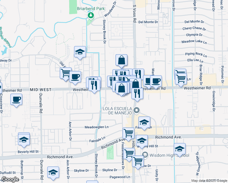 map of restaurants, bars, coffee shops, grocery stores, and more near 7691 Westheimer Road in Houston