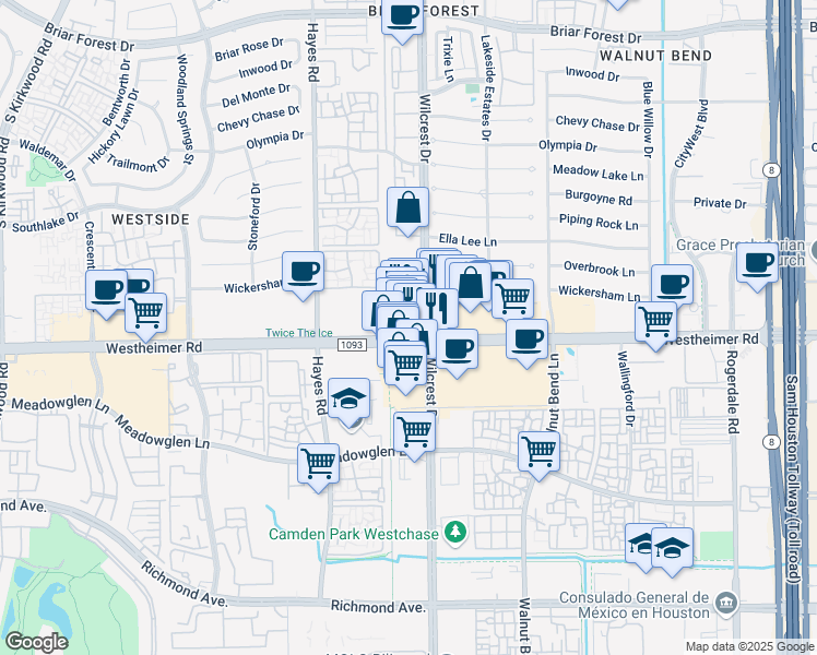 map of restaurants, bars, coffee shops, grocery stores, and more near 11148 Westheimer Road in Houston