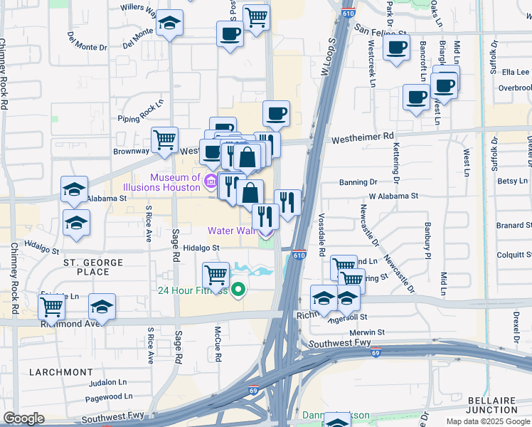 map of restaurants, bars, coffee shops, grocery stores, and more near 2800 Post Oak Boulevard in Houston
