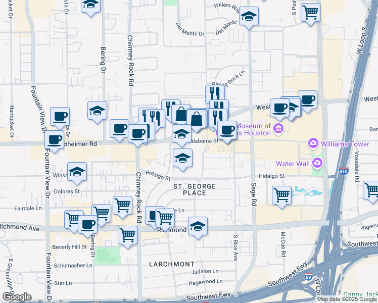 map of restaurants, bars, coffee shops, grocery stores, and more near 5445 West Alabama Street in Houston