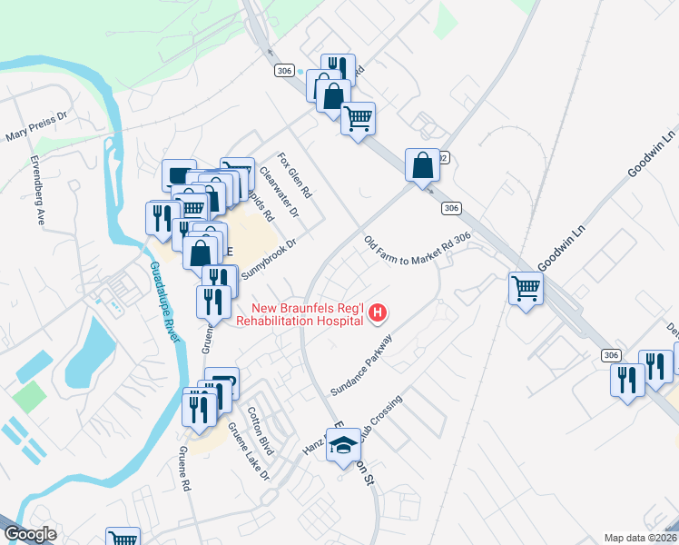 map of restaurants, bars, coffee shops, grocery stores, and more near 2046-2298 East Common Street in New Braunfels