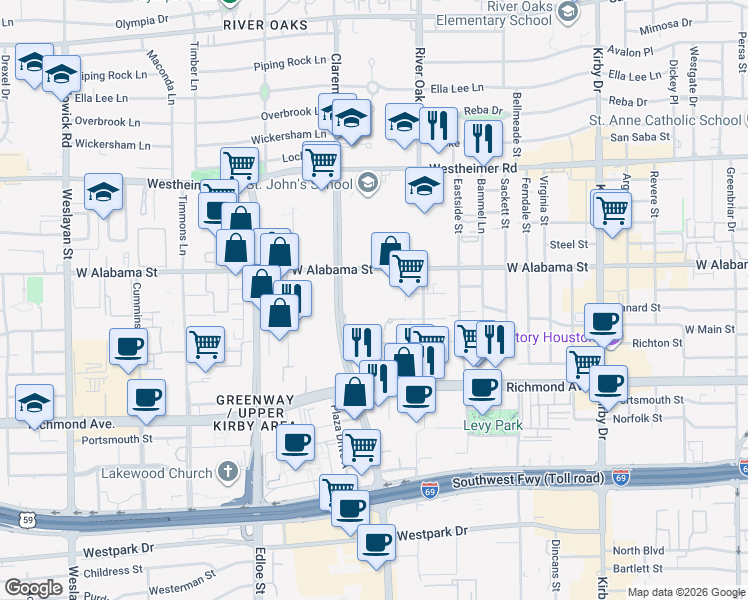 map of restaurants, bars, coffee shops, grocery stores, and more near 3111 Buffalo Speedway in Houston