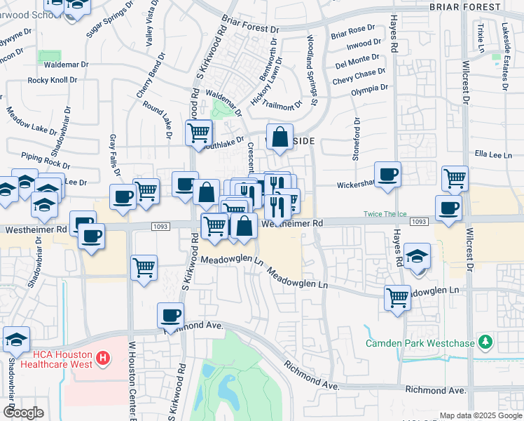 map of restaurants, bars, coffee shops, grocery stores, and more near 2500 Woodland Park Drive in Houston