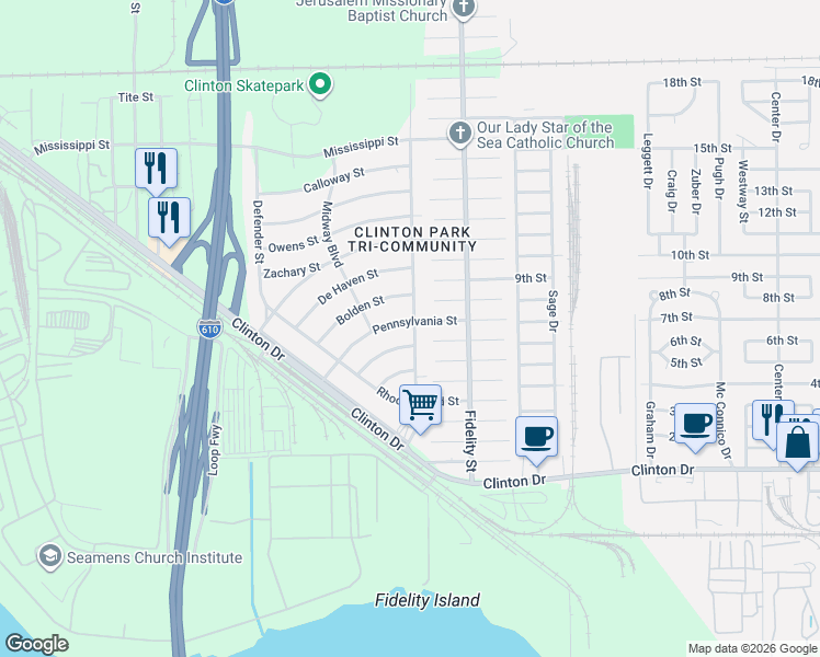 map of restaurants, bars, coffee shops, grocery stores, and more near 234 Pennsylvania Street in Houston