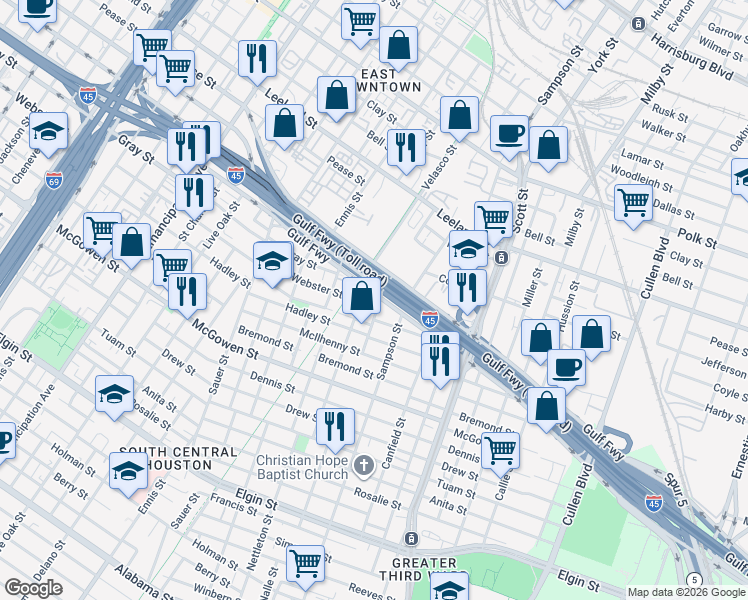 map of restaurants, bars, coffee shops, grocery stores, and more near 2113 Tierwester Street in Houston