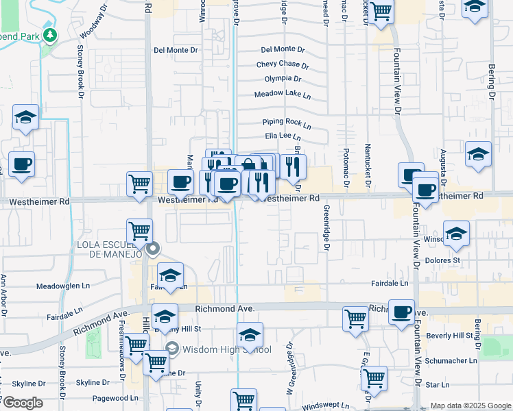 map of restaurants, bars, coffee shops, grocery stores, and more near in Houston
