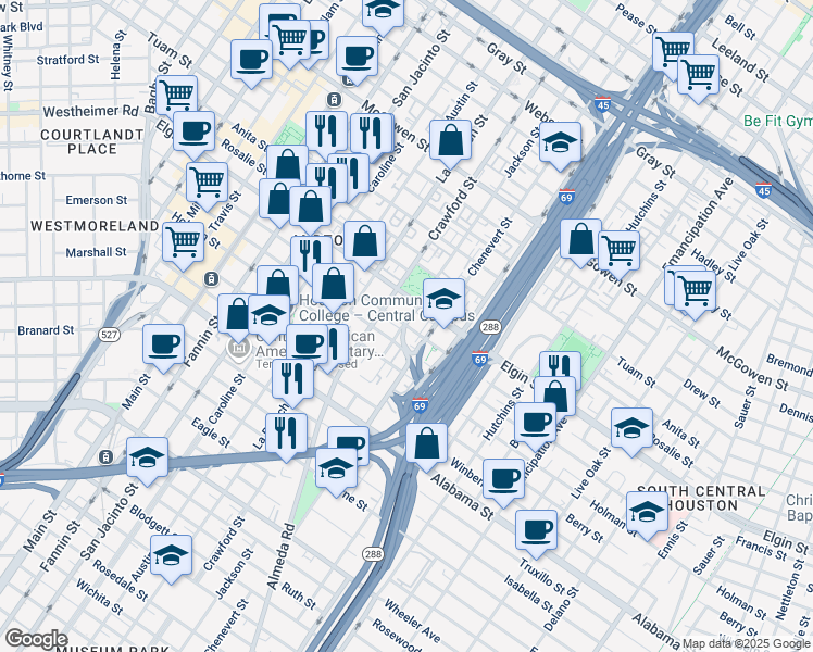 map of restaurants, bars, coffee shops, grocery stores, and more near 1629 Stuart Street in Houston