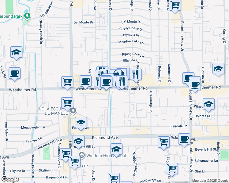 map of restaurants, bars, coffee shops, grocery stores, and more near 6263 Westheimer Road in Houston