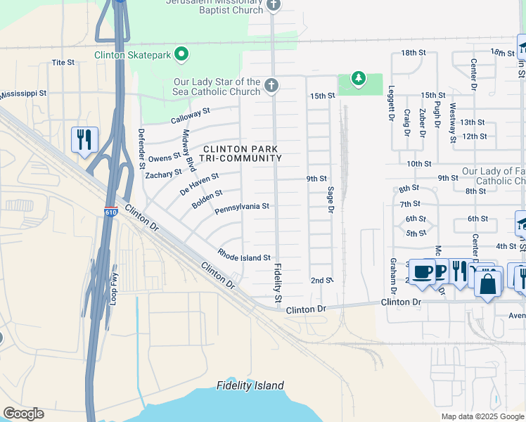 map of restaurants, bars, coffee shops, grocery stores, and more near 320 Pennsylvania Street in Houston