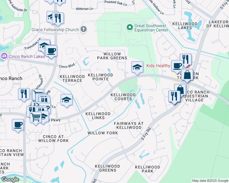 map of restaurants, bars, coffee shops, grocery stores, and more near 64 Kelliwood Court Circle in Katy