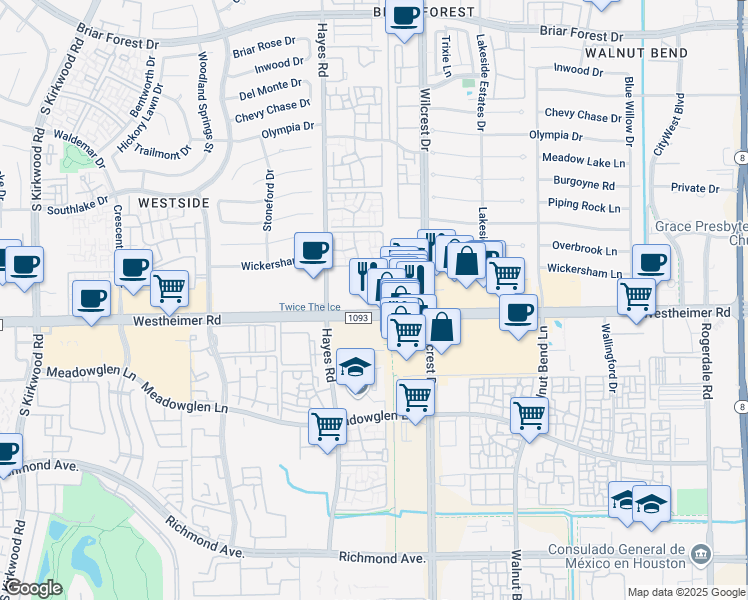 map of restaurants, bars, coffee shops, grocery stores, and more near 11200 Westheimer Road in Houston