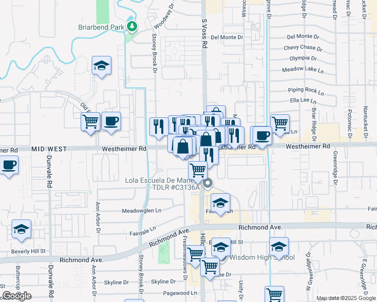 map of restaurants, bars, coffee shops, grocery stores, and more near 7531 Westheimer Road in Houston