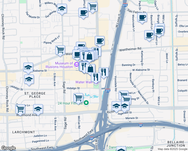 map of restaurants, bars, coffee shops, grocery stores, and more near 2800 Post Oak Boulevard in Houston