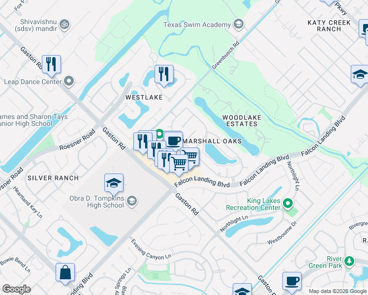 map of restaurants, bars, coffee shops, grocery stores, and more near 3914 Birdsall Falls Lane in Katy