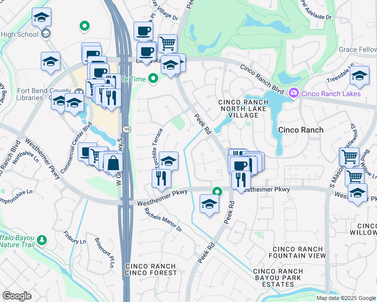 map of restaurants, bars, coffee shops, grocery stores, and more near 3234 Brinton Trails Lane in Katy