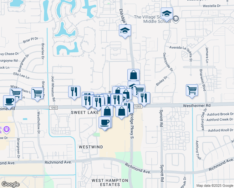 map of restaurants, bars, coffee shops, grocery stores, and more near 2427 Prairie Hill Court in Houston