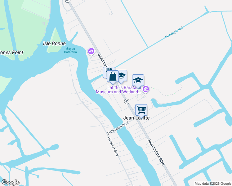 map of restaurants, bars, coffee shops, grocery stores, and more near 2552 Jean Lafitte Boulevard in Lafitte